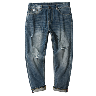 美式复古牛仔裤男款冬季水洗做旧小众破洞高街宽松九分直筒裤子