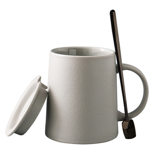 欧式磨砂陶瓷杯子带盖勺粗陶复古风马克杯咖啡杯家用早餐燕麦水杯