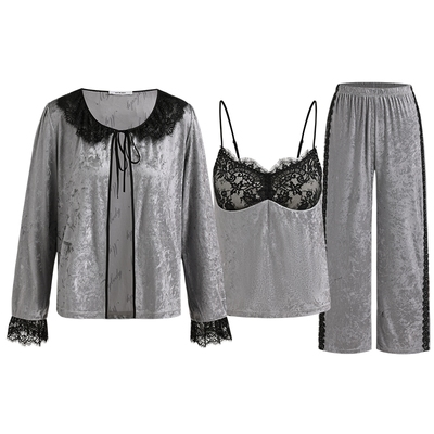 商场同款MYBODY冬季新款睡衣女款丝绒性感蕾丝三件套可外穿家居服