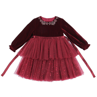 冬装大女童红色连衣裙宝宝新年裙子儿童丝绒公主裙秋冬小女孩童装