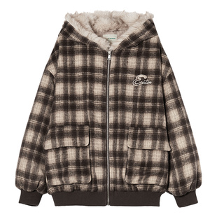 EPTISON夹棉外套女2025冬新款复古美拉德风宽松加厚休闲格纹上衣