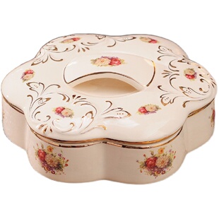 欧式陶瓷干果盘分格盒带盖欧式客厅零食盒婚庆水果盘糖果盒