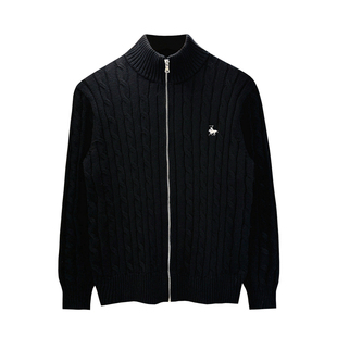 美式复古老钱麻花拉链开衫针织衫男冬季潮流黑色半高领毛衣外套男