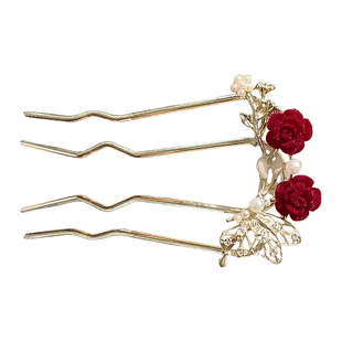 水钻气质旗袍发簪女头饰新娘红色蝴蝶u型簪子新中式盘发插梳发钗