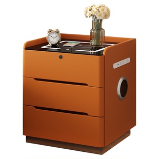 智能实木床头柜出租屋专用床边柜租房现代简约带指纹锁插排可充电