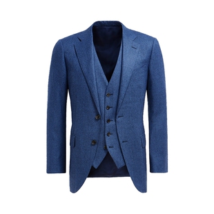 奥莱SUITSUPPLY中蓝色S120支羊毛法兰绒格纹男士西装套装三件套
