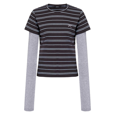 RAIVE复古学院棕条纹假两件长袖T