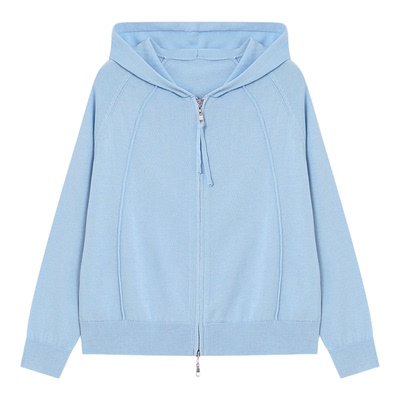 百家好2026春季浅蓝连帽针织衫女宽松拉链开衫休闲显瘦卫衣式外套