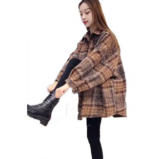 毛呢大衣女秋冬季复古中长款小个子时尚百搭加厚格子西装外套衬衫