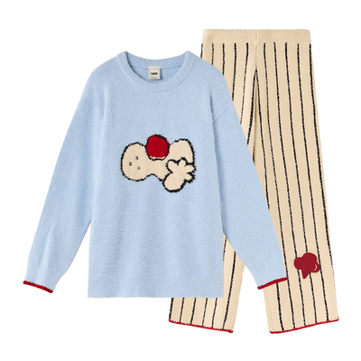 yso【酷猫系列】睡衣女秋冬新款半边绒卡通条纹长裤家居服套装D