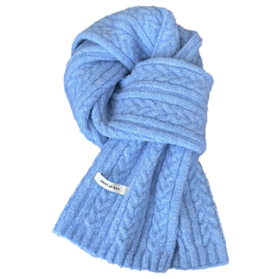 围巾女秋冬季冰蓝色麦穗花韩版长款针织加厚纯色显白羊毛混纺围脖