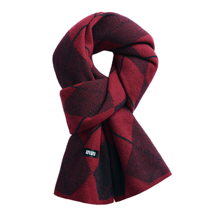 七匹狼山羊绒围巾男士冬季红色千鸟格加厚保暖羊毛围脖本命年礼物