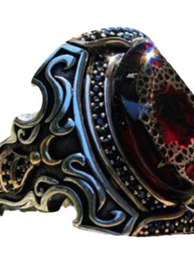 纯银复古深红色宝石镶嵌戒指花纹