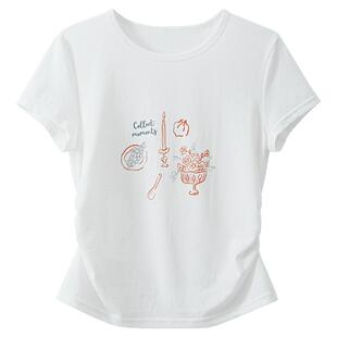 夕蒙2026新款春夏韩系特别漂亮掐腰小上衣修身白色正肩短袖t恤女