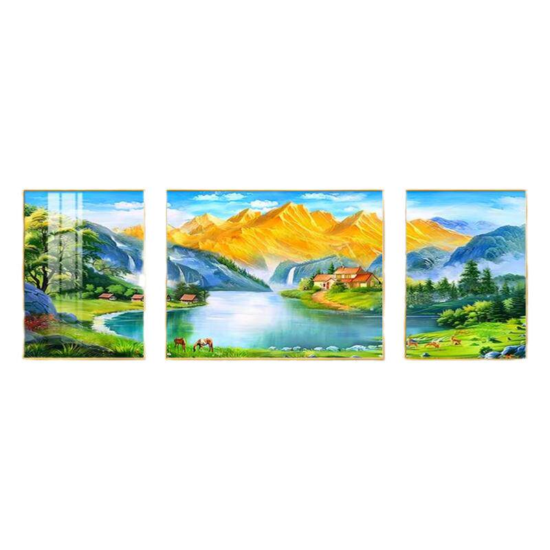 山水客厅装饰画流水生财三联画聚宝盆新款现代简约沙发背景墙壁画