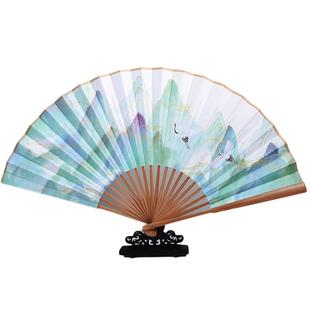 中国风扇子古风男生布面9寸竹山水绿色双面汉服折扇折叠夏季纳凉