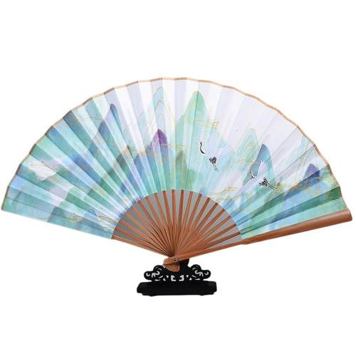 中国风扇子古风男生布面9寸竹山水绿色双面汉服折扇折叠夏季纳凉