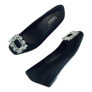 2025秋冬软底豆豆鞋法式绒面水钻内增高工作鞋黑色方头加绒单鞋女