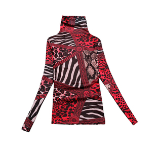 高领打底衫女堆堆领欧洲站2025秋冬新款网纱加绒长袖t恤豹纹上衣