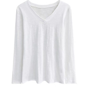 心形印花早秋韩版竹节棉薄款宽松遮肉显瘦长袖卷边V领百搭女装t恤