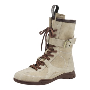 星期六英伦风拳击靴马丁靴女款2025新款秋冬复古绑带中筒靴短靴子