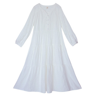 【5折】夏季亚麻蕾丝长裙女新款宽松白色连衣裙收腰长袖裙子女