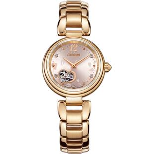 西铁城官方旗舰店正品紫藤花心型镂空机械钢带皮带手表女PR1022