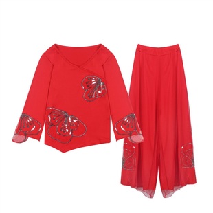 广场舞服装女2025新款民族团队跳扇子舞蹈秧歌服表演出服裙子套装