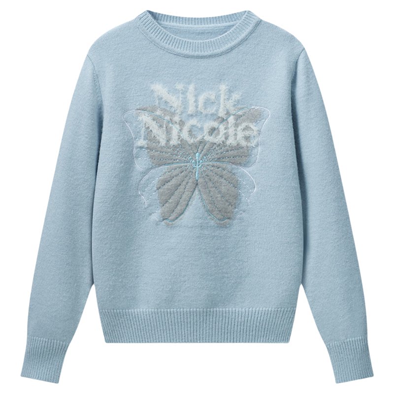 NICK&NICOLE小蝴蝶秋季新款休闲圆领宽松毛衣女通勤长袖松弛韩风