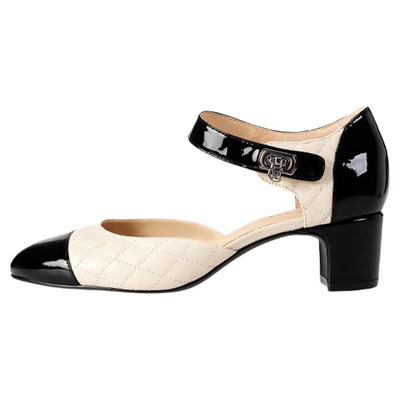 灵梅陈黑白拼色小香风玛丽珍凉鞋