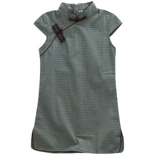 亲子母女装文艺复古民国风中大儿童宝宝格子短袖旗袍女孩连衣裙夏