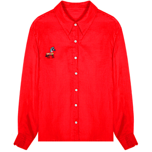 落落狷介 衬衫女款2026新款红色长袖苎麻上衣小个子刺绣衬衣春夏