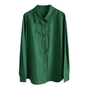 巨显肤色白皙的绿色衬衫韩系休闲穿搭春夏新款纯色翻领长袖衬衣女