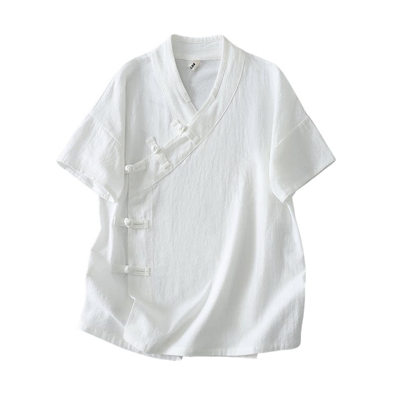 棉麻短袖V领盘扣衬衣纯色茶艺服
