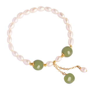 小银匠天然珍珠和田玉碧玉手链中式国风玉石轻奢小米粒串珠手串女