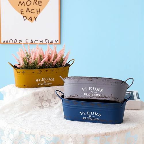 跨境复古做旧花盆椭圆形收纳肉桶植物铁皮花店花桶铁多阳台花艺器