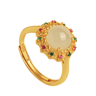 小银匠天然白玉纯银和田玉开口繁花戒指女款国风玉石金镶玉金包银