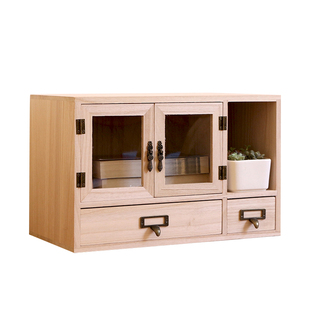 小资纳办公室实木桌面抽屉式收纳盒宿舍床头储物柜带门化妆品收纳