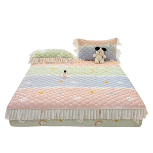 珊瑚牛奶绒夹棉床笠单件床罩带花边床垫保护罩冬季保暖席梦思床套