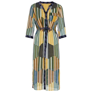 马天奴春夏新款女黄色印花V领连衣裙松弛感系带度假风长裙子气质