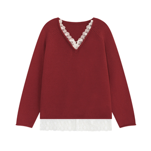 YUZI鱼子假两件蕾丝花边毛衣V领宽松慵懒甜美温柔红/蓝色大码女装