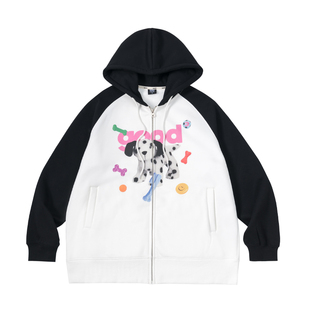 美好商店MeihaoStore可爱玩具狗印花黑白插肩袖连帽开衫卫衣加绒