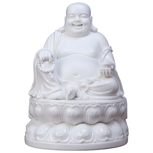 戴玉堂德化白瓷正坐古莲弥勒家用供奉大肚笑佛弥勒佛佛像陶瓷摆件