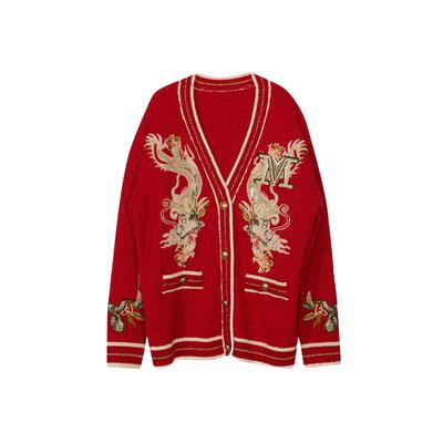 谜底新年红针织开衫女春新款V领中国龙绣花毛衣外套241MZ0317