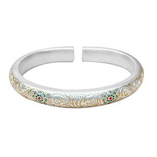 卷草纹银手镯女9999纯妈妈款古法马蹄镯年轻款银镯子生日新年礼物