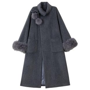 KEIKO 千金感毛球系带灰色羊毛呢大衣冬季静奢风显瘦长款呢子外套