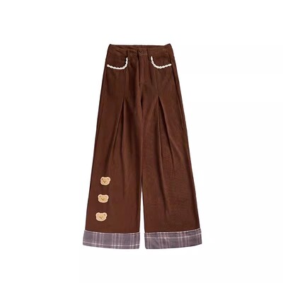 美拉德穿搭小熊刺绣阔腿裤女冬