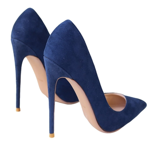 深蓝色绒面细跟尖头高跟鞋超浅口气质名媛法式小大码定制宴会13CM