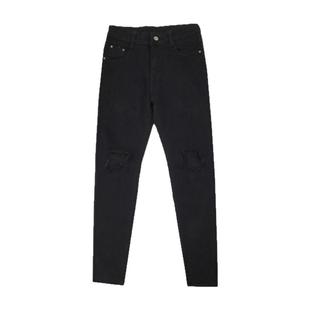 高街弹力黑色膝盖破洞牛仔裤男修身小脚痞帅男裤子九分裤乞丐裤男