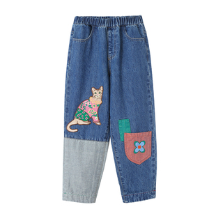 女童牛仔裤春装2026新款儿童直筒阔腿裤子中大童软牛仔拼接长裤